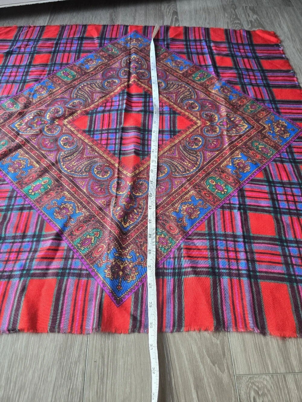 Vintage Square Scarf Red Tartan Plaid Paisley Boho Wool Feel Head Wrap 32x32